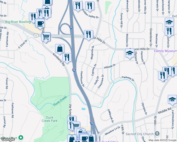 map of restaurants, bars, coffee shops, grocery stores, and more near 2701 Magnolia Drive in Bettendorf