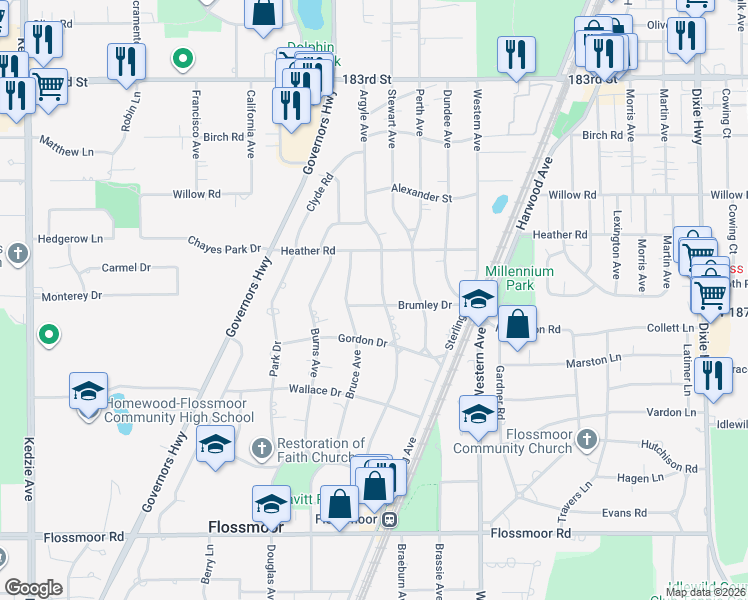 map of restaurants, bars, coffee shops, grocery stores, and more near 646 Argyle Avenue in Flossmoor
