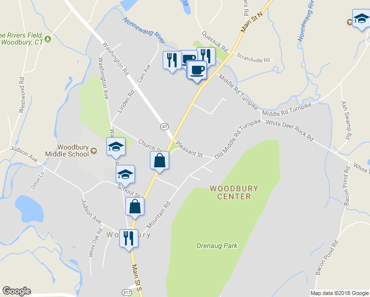 map of restaurants, bars, coffee shops, grocery stores, and more near 17 Pleasant Street in Woodbury