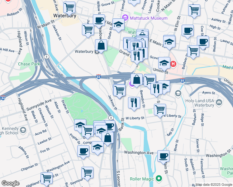 map of restaurants, bars, coffee shops, grocery stores, and more near 153 Meadow St in Waterbury