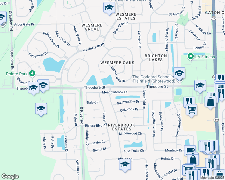 map of restaurants, bars, coffee shops, grocery stores, and more near 5323 Meadowbrook Street in Plainfield