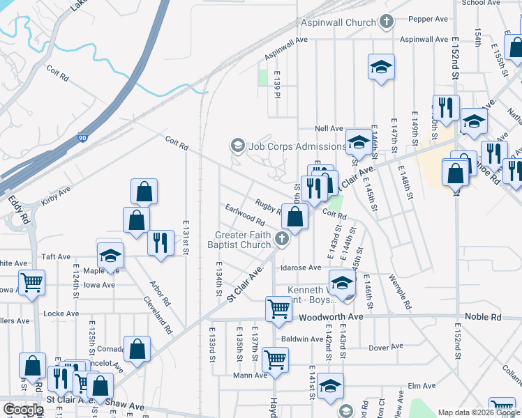 map of restaurants, bars, coffee shops, grocery stores, and more near 13603 Earlwood Road in Cleveland