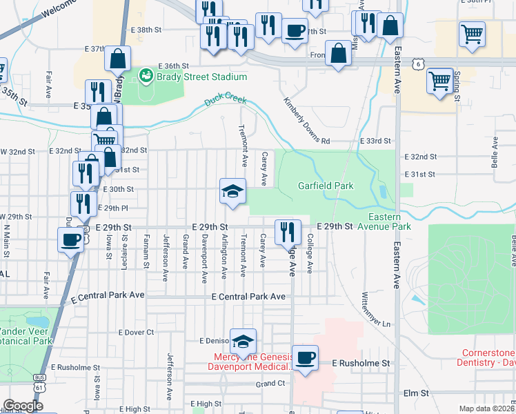 map of restaurants, bars, coffee shops, grocery stores, and more near 1019 East 30th Street in Davenport