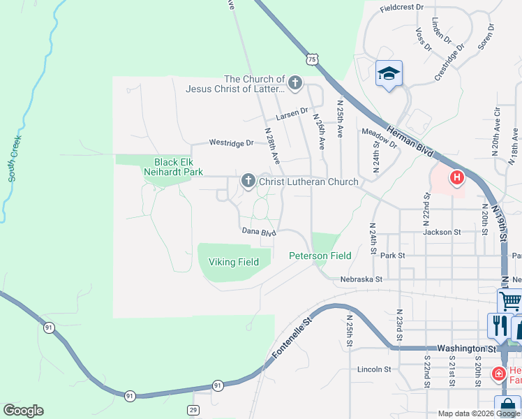 map of restaurants, bars, coffee shops, grocery stores, and more near 2848 College Drive in Blair