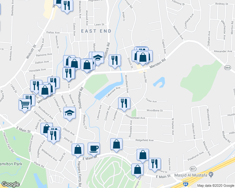 map of restaurants, bars, coffee shops, grocery stores, and more near 267 Circular Avenue in Waterbury