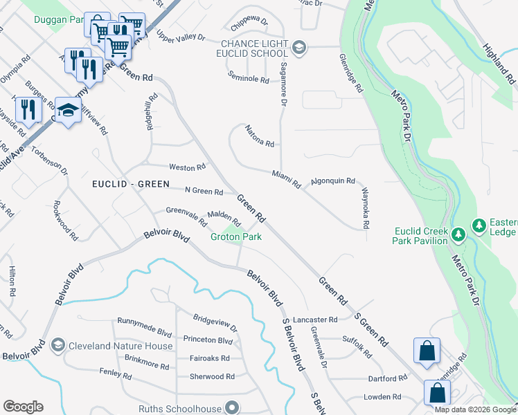 map of restaurants, bars, coffee shops, grocery stores, and more near 2167 Green Rd in Cleveland
