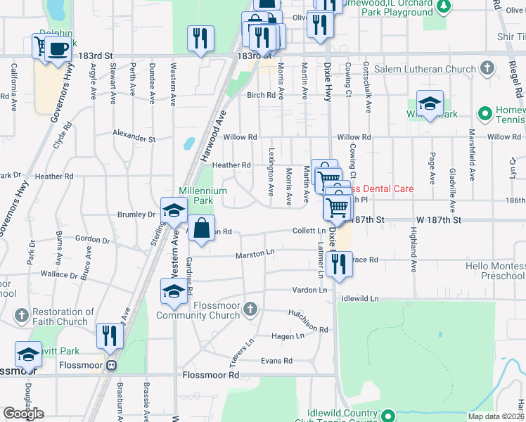 map of restaurants, bars, coffee shops, grocery stores, and more near 2145 Downey Road in Homewood