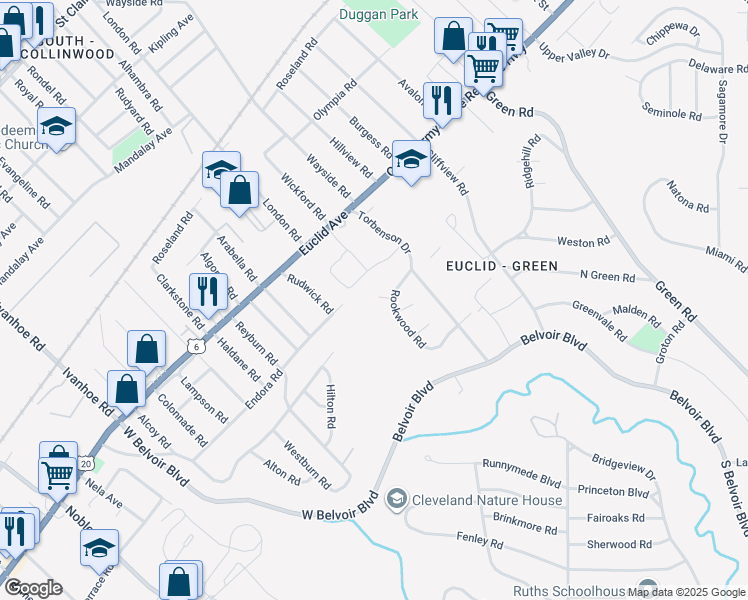 map of restaurants, bars, coffee shops, grocery stores, and more near 17602 Rook Circle in Cleveland