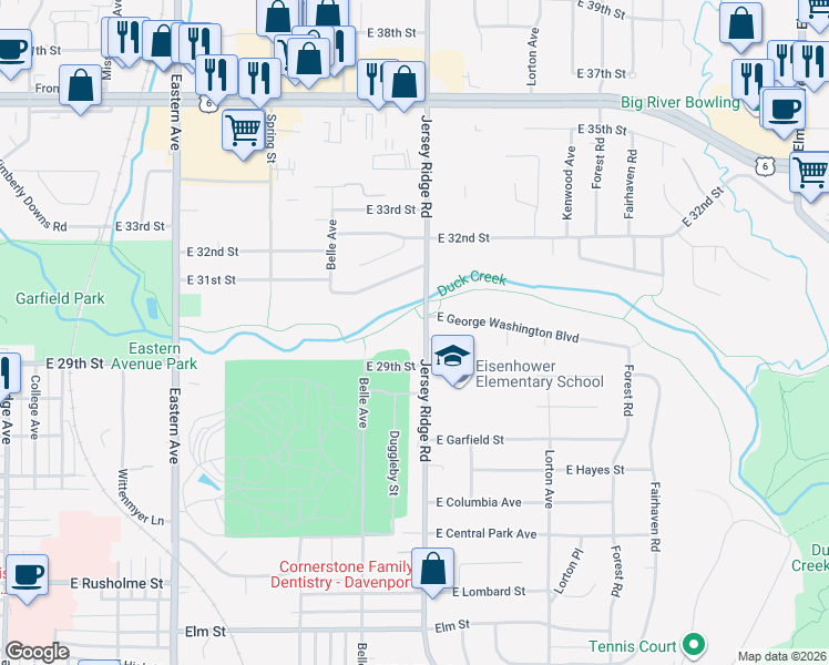 map of restaurants, bars, coffee shops, grocery stores, and more near 2400-2598 Arbor Drive in Davenport