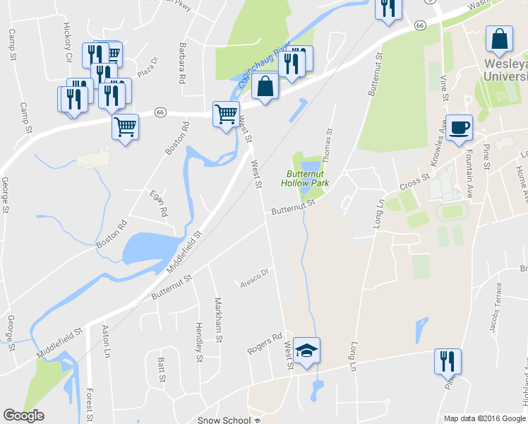 map of restaurants, bars, coffee shops, grocery stores, and more near 187 West Street in Middletown