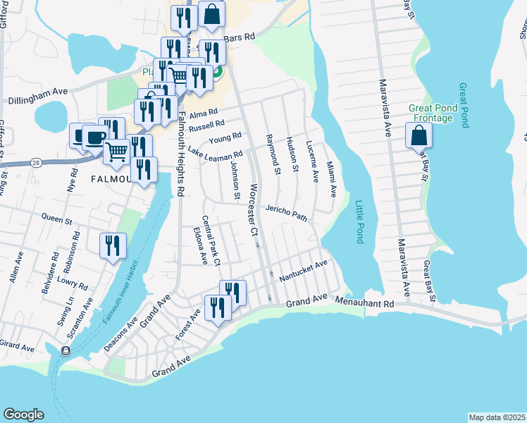 map of restaurants, bars, coffee shops, grocery stores, and more near 101 Jericho Path in Falmouth