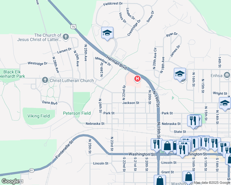 map of restaurants, bars, coffee shops, grocery stores, and more near 662 Wright Street in Blair