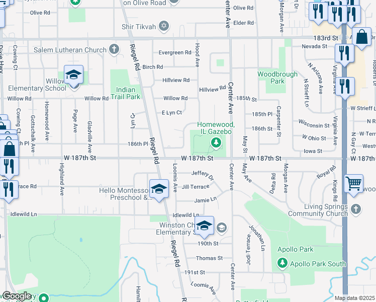 map of restaurants, bars, coffee shops, grocery stores, and more near 1343 Heather Road in Homewood