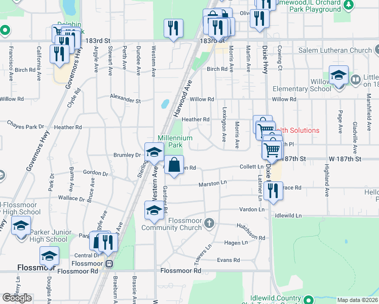 map of restaurants, bars, coffee shops, grocery stores, and more near 18654 Golfview Avenue in Homewood