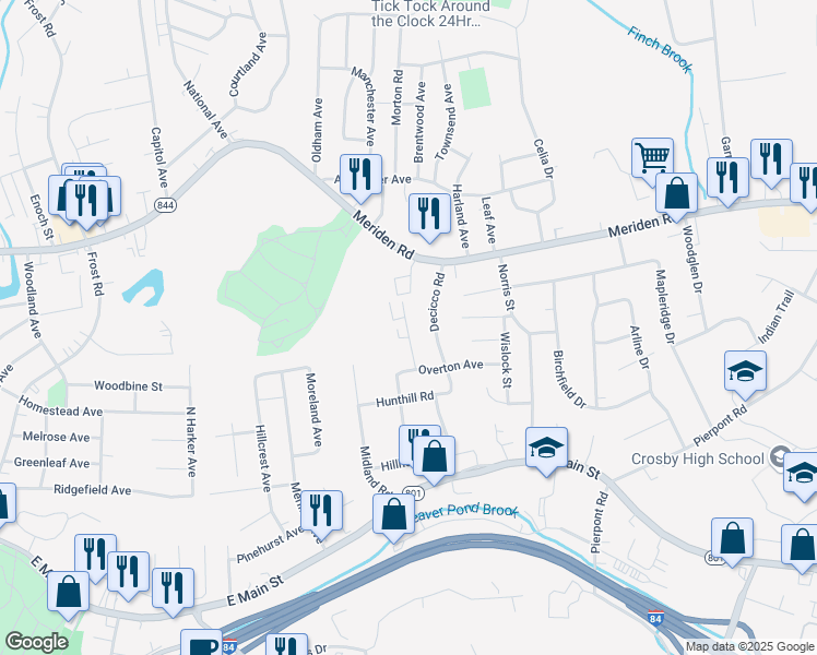 map of restaurants, bars, coffee shops, grocery stores, and more near 46 Stonewall Lane in Waterbury