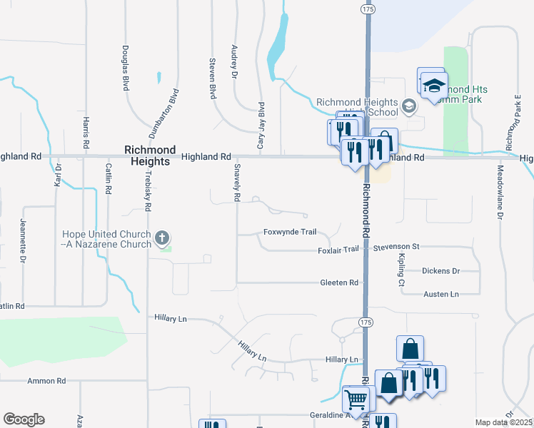 map of restaurants, bars, coffee shops, grocery stores, and more near 4878 Highland Place Court in Richmond Heights