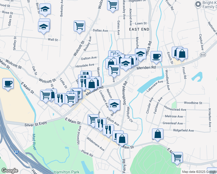 map of restaurants, bars, coffee shops, grocery stores, and more near 230 Meriden Rd in Waterbury