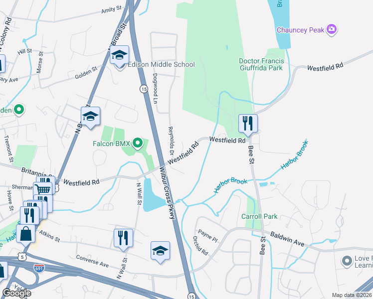 map of restaurants, bars, coffee shops, grocery stores, and more near 320 Westfield Road in Meriden