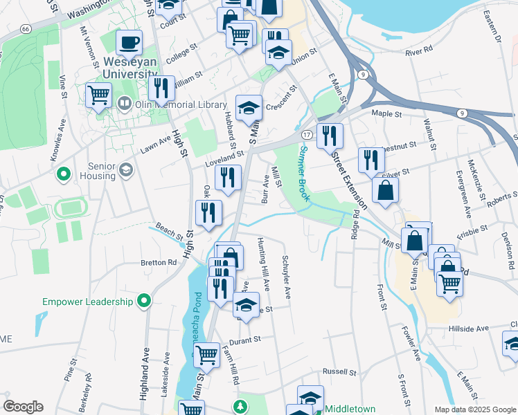 map of restaurants, bars, coffee shops, grocery stores, and more near 82 Burr Avenue in Middletown