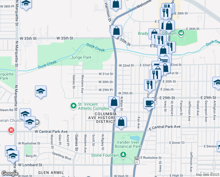 map of restaurants, bars, coffee shops, grocery stores, and more near 318 West 29th Place in Davenport