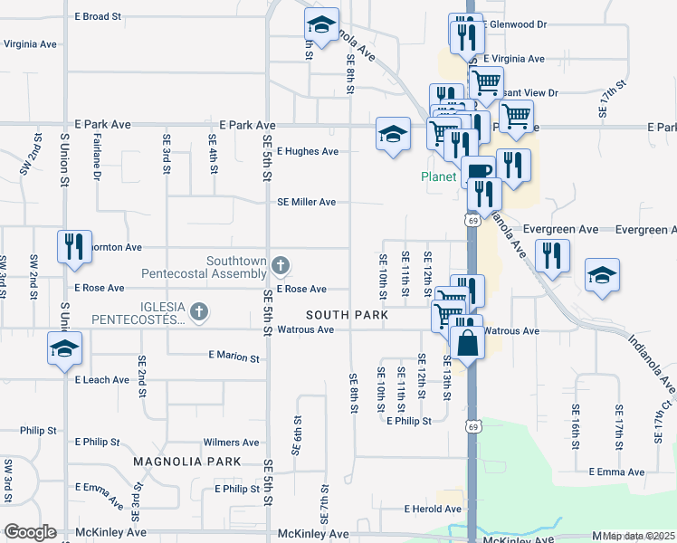 map of restaurants, bars, coffee shops, grocery stores, and more near 3724 Southeast 8th Street in Des Moines