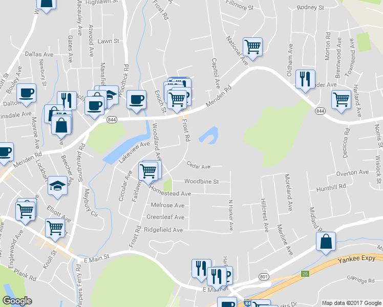 map of restaurants, bars, coffee shops, grocery stores, and more near 370 Frost Road in Waterbury