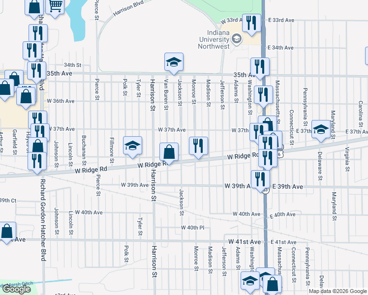 map of restaurants, bars, coffee shops, grocery stores, and more near 3761 Jackson Street in Gary
