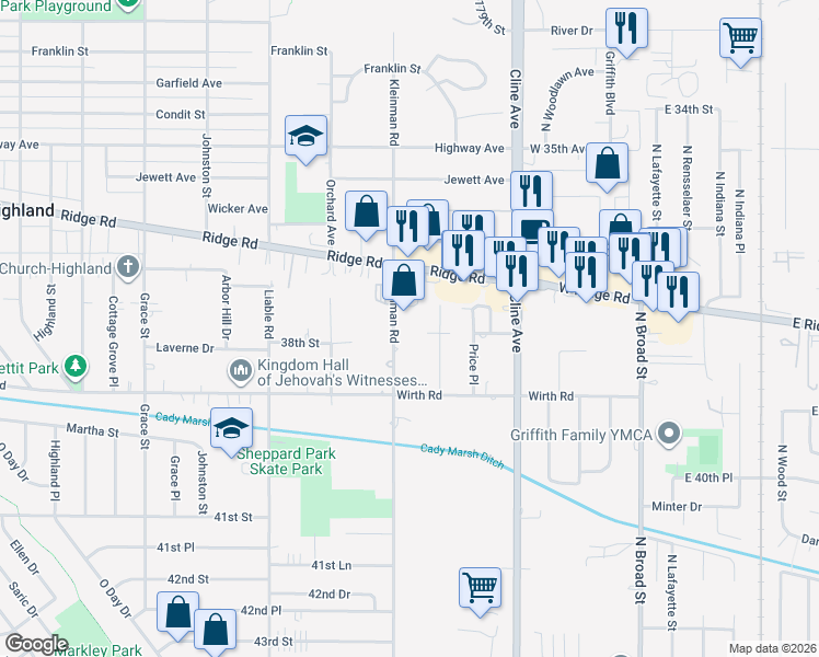 map of restaurants, bars, coffee shops, grocery stores, and more near 8961 Kleinman Road in Highland