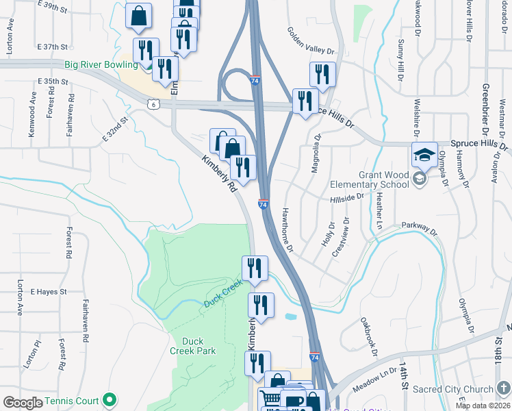 map of restaurants, bars, coffee shops, grocery stores, and more near 2705 Kimberly Rd in Bettendorf