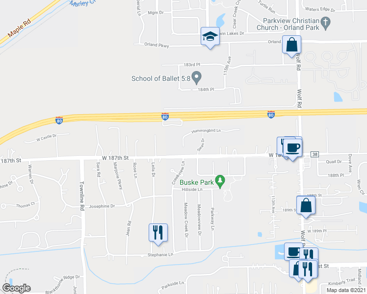 map of restaurants, bars, coffee shops, grocery stores, and more near 11508 Hummingbird Lane in Mokena