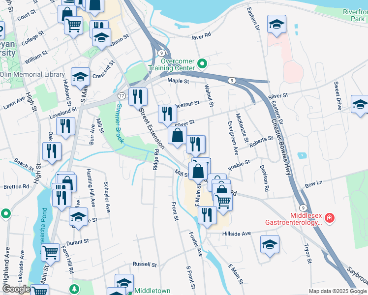 map of restaurants, bars, coffee shops, grocery stores, and more near 227 East Main Street in Middletown