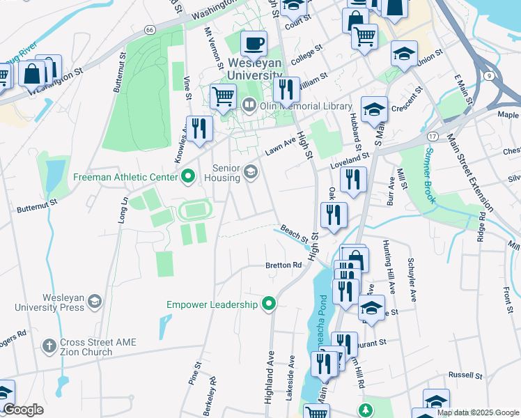 map of restaurants, bars, coffee shops, grocery stores, and more near 3 Brainerd Avenue in Middletown
