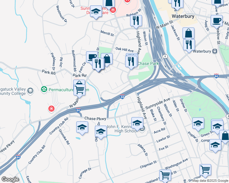 map of restaurants, bars, coffee shops, grocery stores, and more near 77 Vernon Street in Waterbury