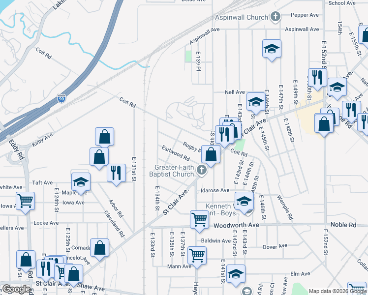 map of restaurants, bars, coffee shops, grocery stores, and more near 13603 Earlwood Road in Cleveland
