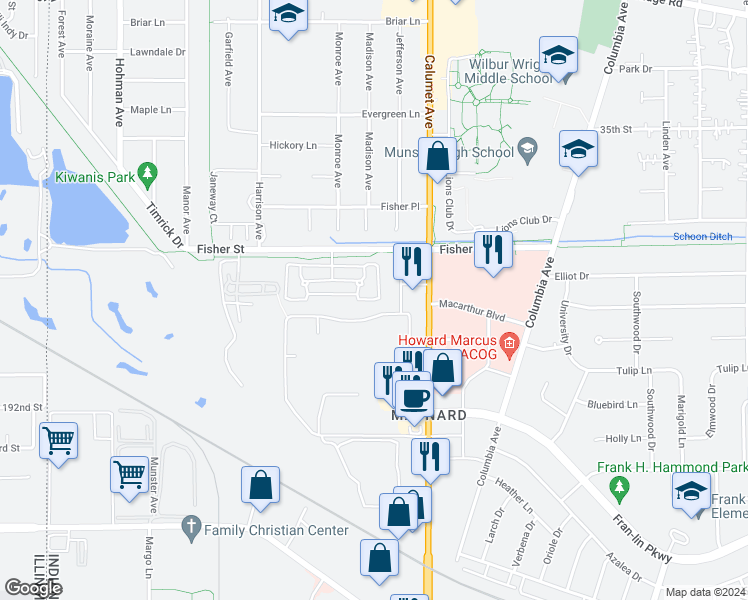 map of restaurants, bars, coffee shops, grocery stores, and more near 629 Cambridge Court in Munster