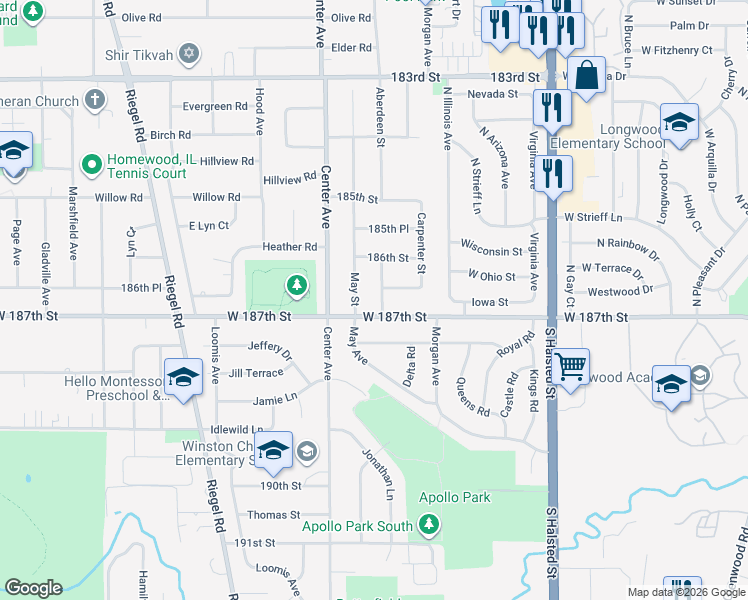 map of restaurants, bars, coffee shops, grocery stores, and more near 1104 West 187th Street in Homewood