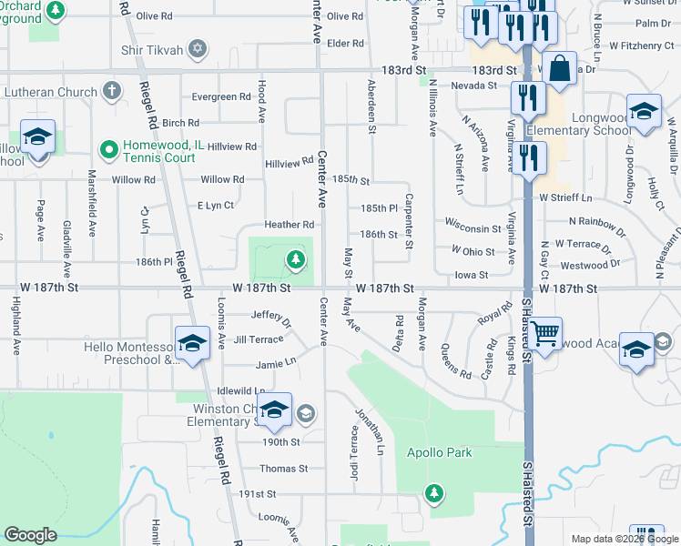 map of restaurants, bars, coffee shops, grocery stores, and more near 1148 West 187th Street in Homewood