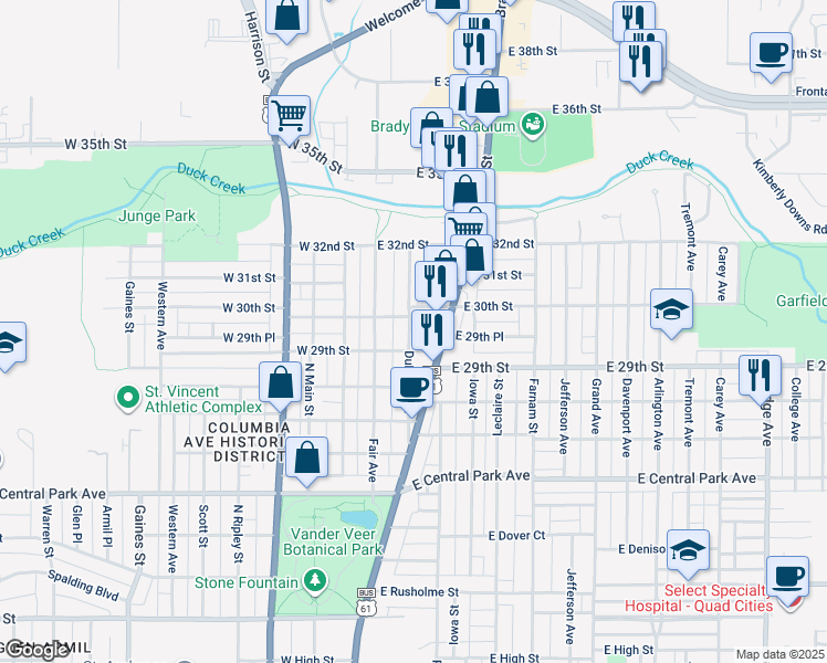 map of restaurants, bars, coffee shops, grocery stores, and more near 2935 Dubuque Street in Davenport