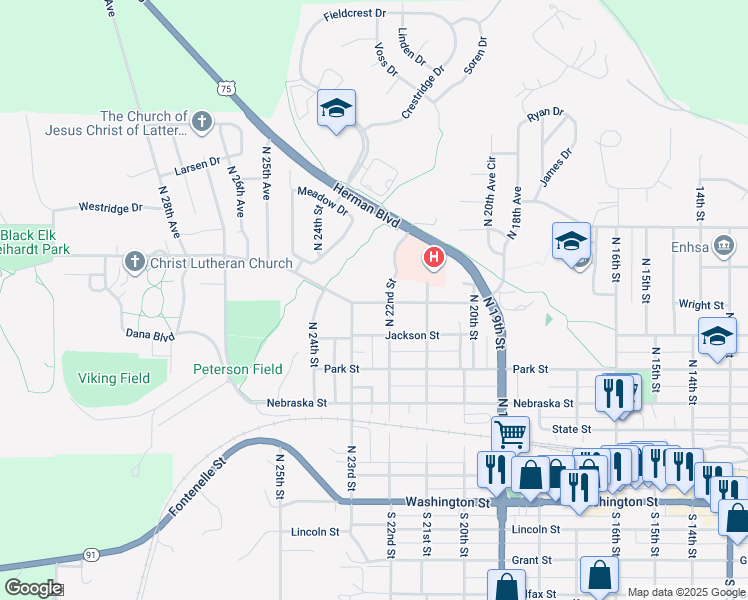 map of restaurants, bars, coffee shops, grocery stores, and more near 662 Wright Street in Blair