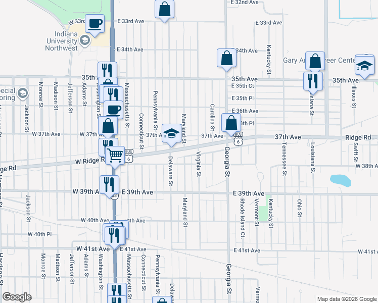 map of restaurants, bars, coffee shops, grocery stores, and more near 509 East Ridge Road in Gary