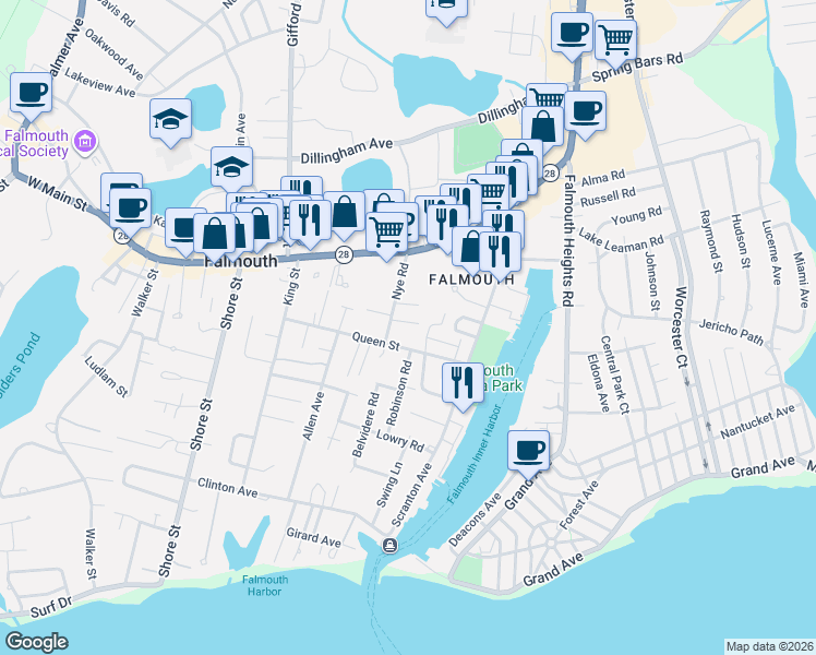 map of restaurants, bars, coffee shops, grocery stores, and more near 17 Wright Way in Falmouth