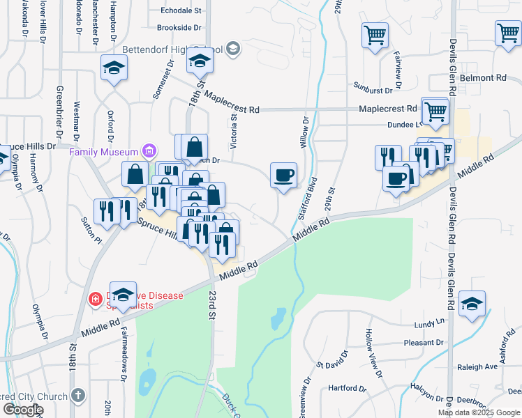 map of restaurants, bars, coffee shops, grocery stores, and more near 2740 Happy Joe Drive in Bettendorf