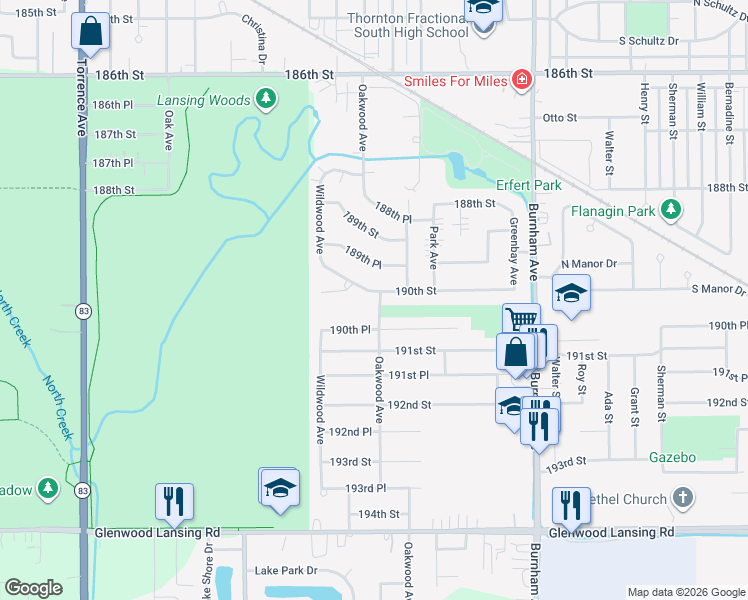 map of restaurants, bars, coffee shops, grocery stores, and more near 2917 190th Street in Lansing