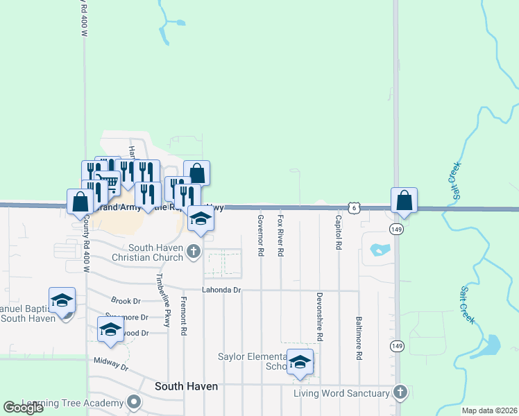 map of restaurants, bars, coffee shops, grocery stores, and more near 346 Grand Army of the Republic Highway in Valparaiso