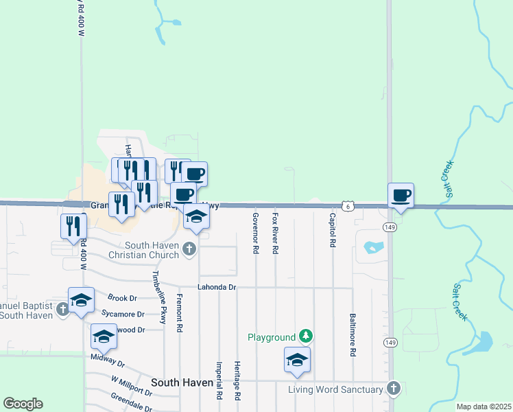 map of restaurants, bars, coffee shops, grocery stores, and more near 345 Grand Army of the Republic Highway in Valparaiso