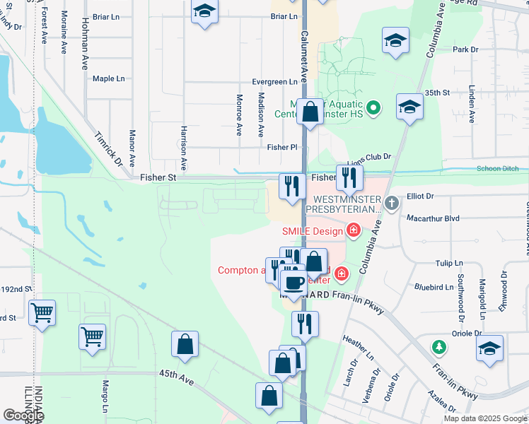 map of restaurants, bars, coffee shops, grocery stores, and more near 629 Cambridge Court in Munster