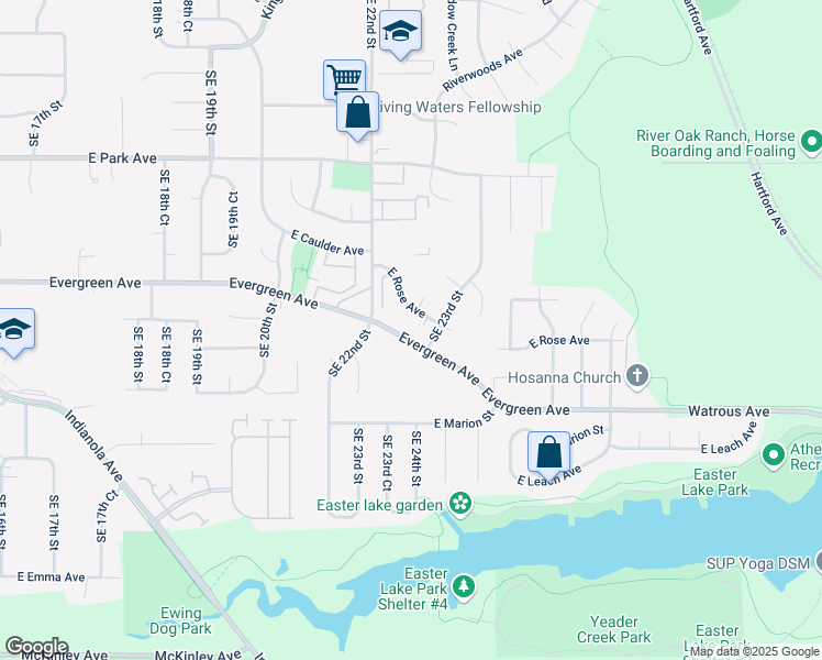 map of restaurants, bars, coffee shops, grocery stores, and more near 2224 Evergreen Avenue in Des Moines