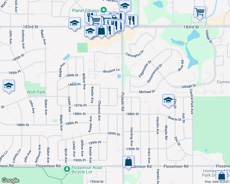 map of restaurants, bars, coffee shops, grocery stores, and more near 18642 Oakwood Avenue in Country Club Hills