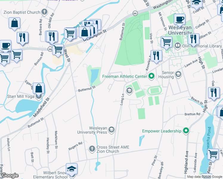 map of restaurants, bars, coffee shops, grocery stores, and more near 12 Butternut Knoll in Middletown