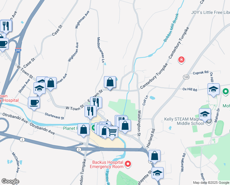 map of restaurants, bars, coffee shops, grocery stores, and more near 34 East Town Street in Norwich